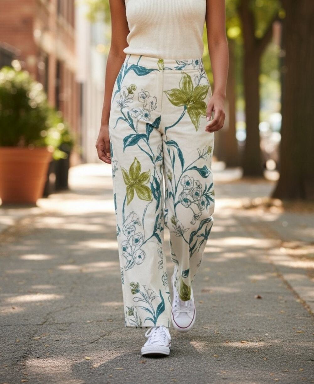 Haven Bleu Women's Size 12 White Green Floral Pants Beaded Sequin Embellished